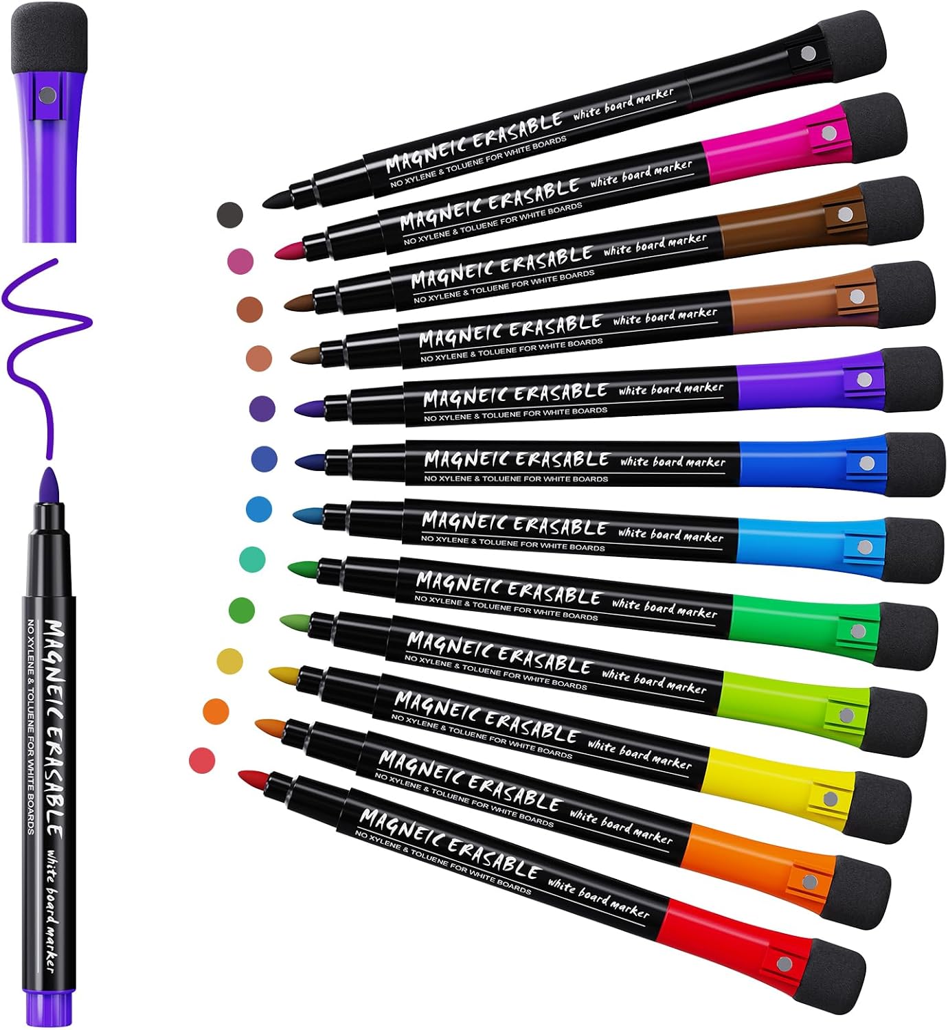 Magnetic Dry Erase Markers Fine: 12 Colors Erasable Whiteboard Markers