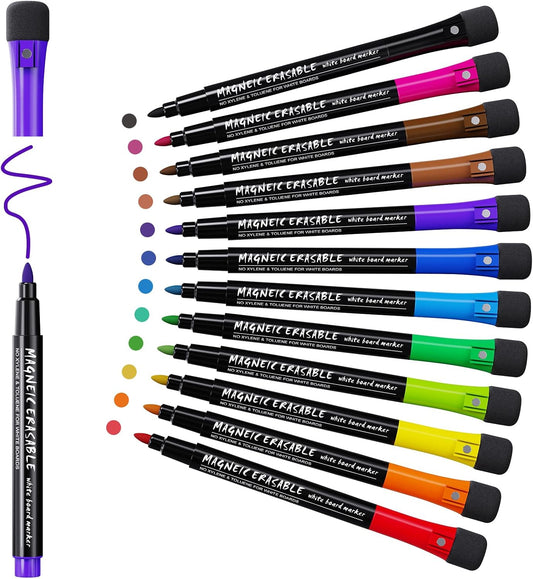 Magnetic Dry Erase Markers Fine: 12 Colors Erasable Whiteboard Markers
