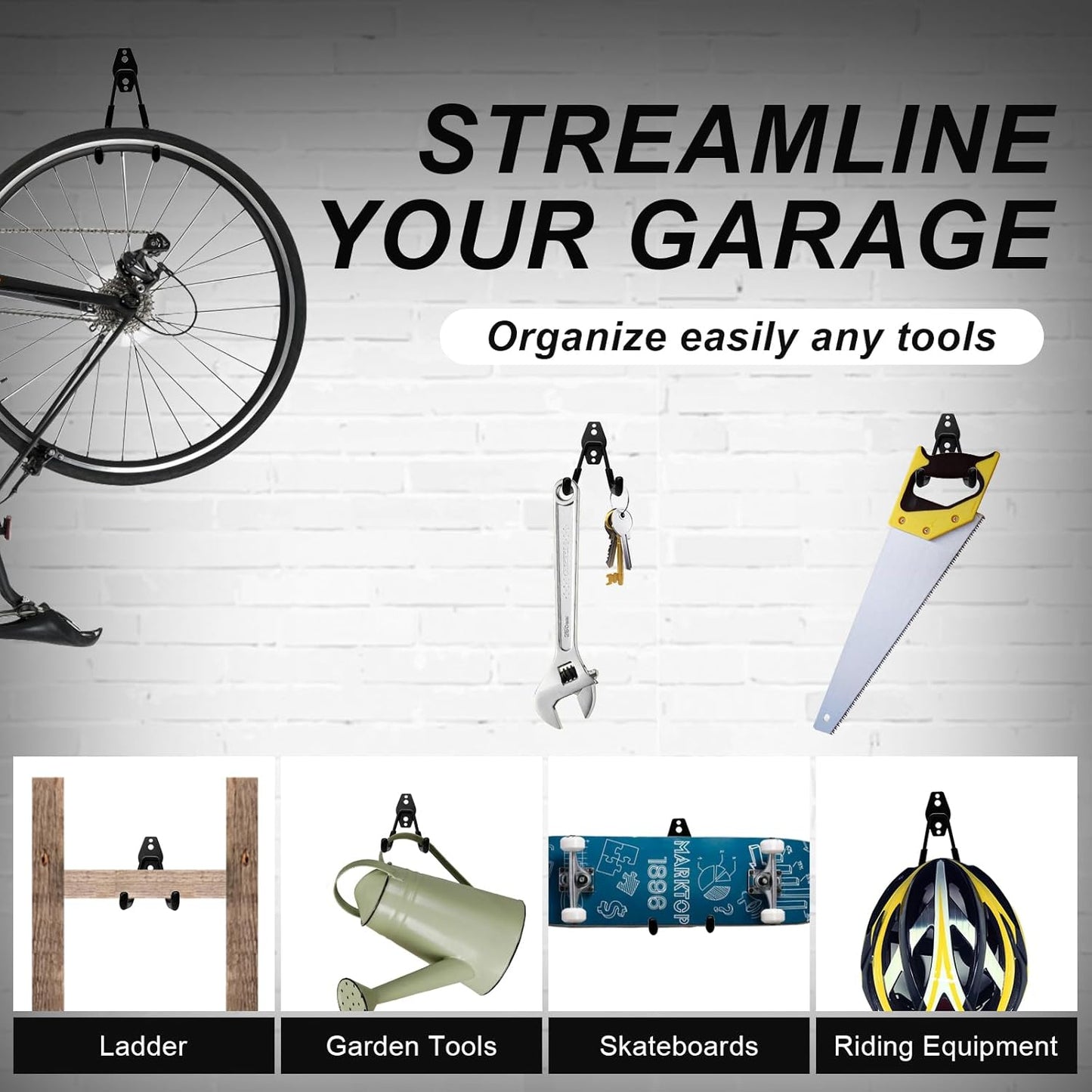 Uenhoy 2 Pack Heavy Duty Garage Storage Hooks, Wall-Mount Garage Tool Organizer, Small U Shape Utility Hanger Hooks for Garden Tool, Ladders, Garden Hose, Bikes, Black