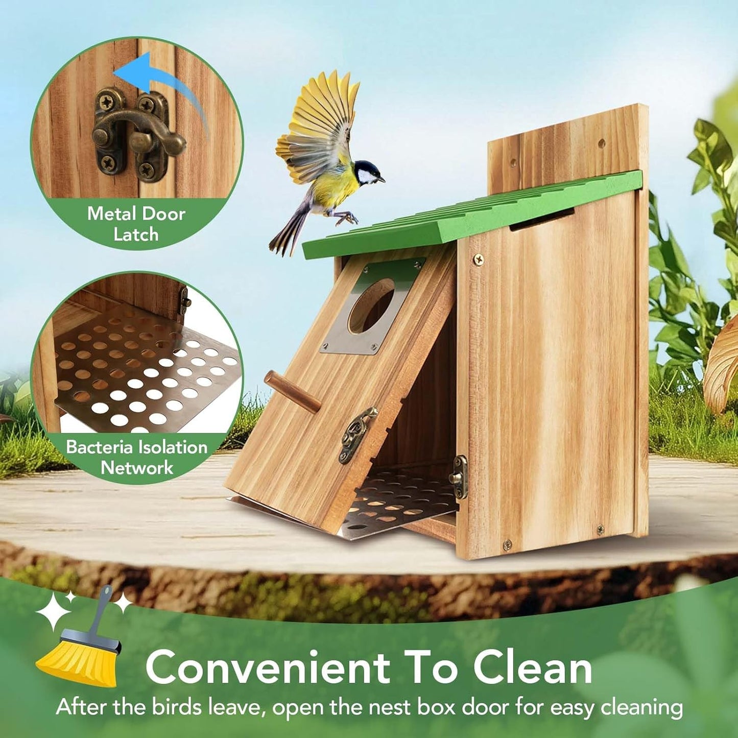 2 Pack Bird Houses for Outside - Cedar Bluebird Houses with Metal Predator Guard, Birdhouse for Wren Bluebirds Finches Swallows, Carbonized Wooden