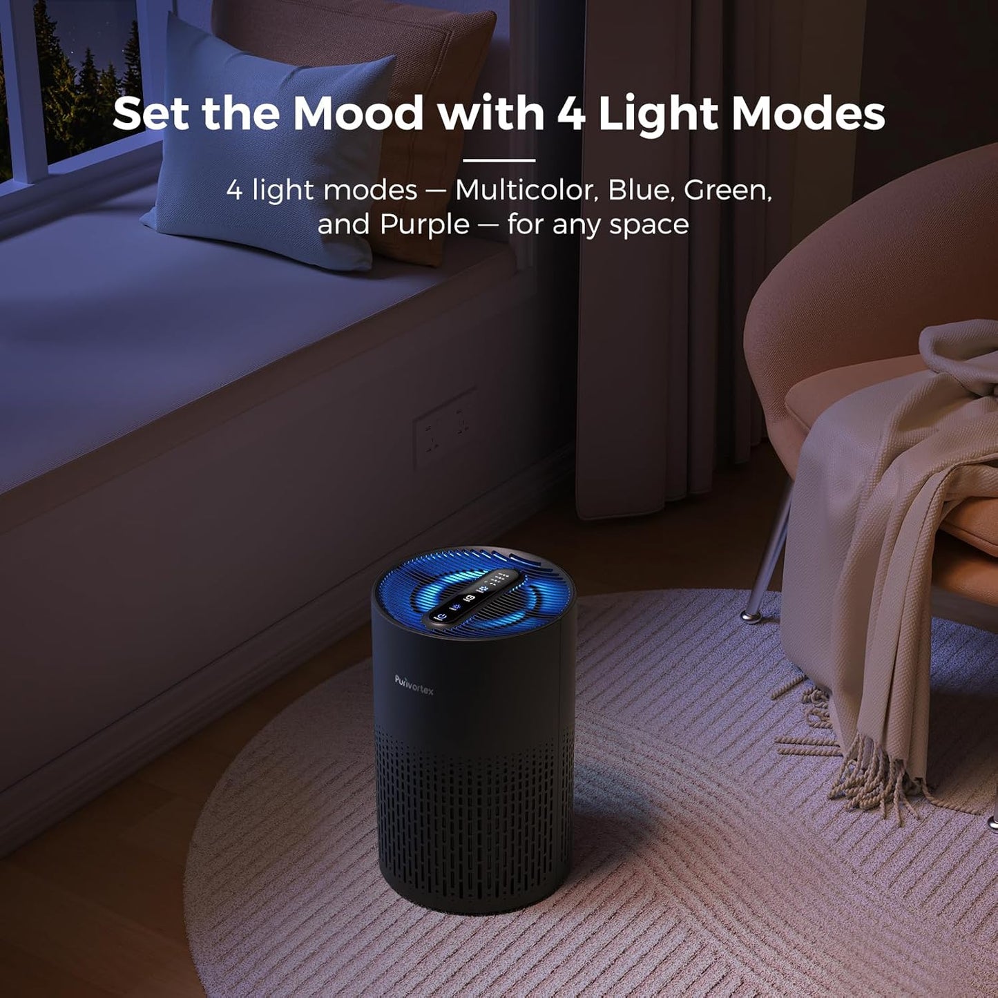 Purivortex Air Purifiers for Bedroom, Quiet Air Purifier with HEPA Filter for Pollen, Smoke, Dust, Pet Dander, Odor, Hair, Ozone Free, Covers Up to 880 Sq Ft, PX500 Black