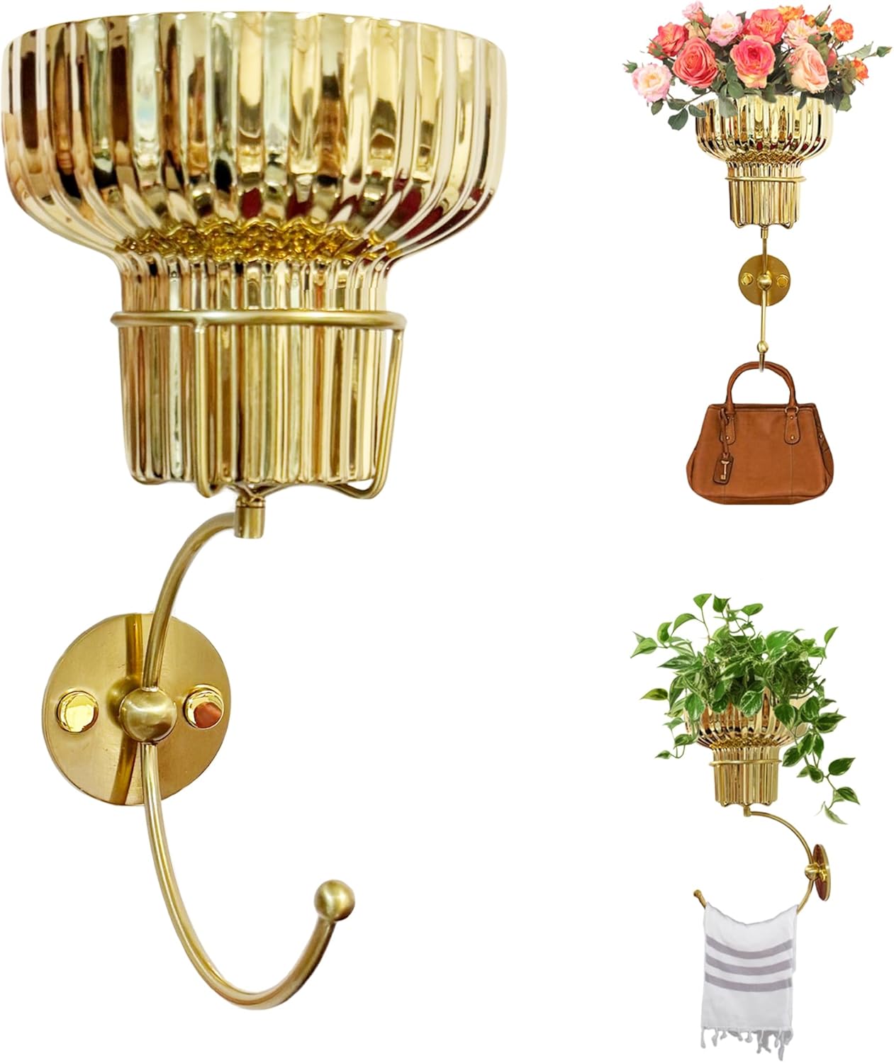 Hanging Plant Wall Vessel for Flowers with Hook, Indoor Outdoor Boho Bathroom Decor Wall Art Planter Mounted Vase (Gold)