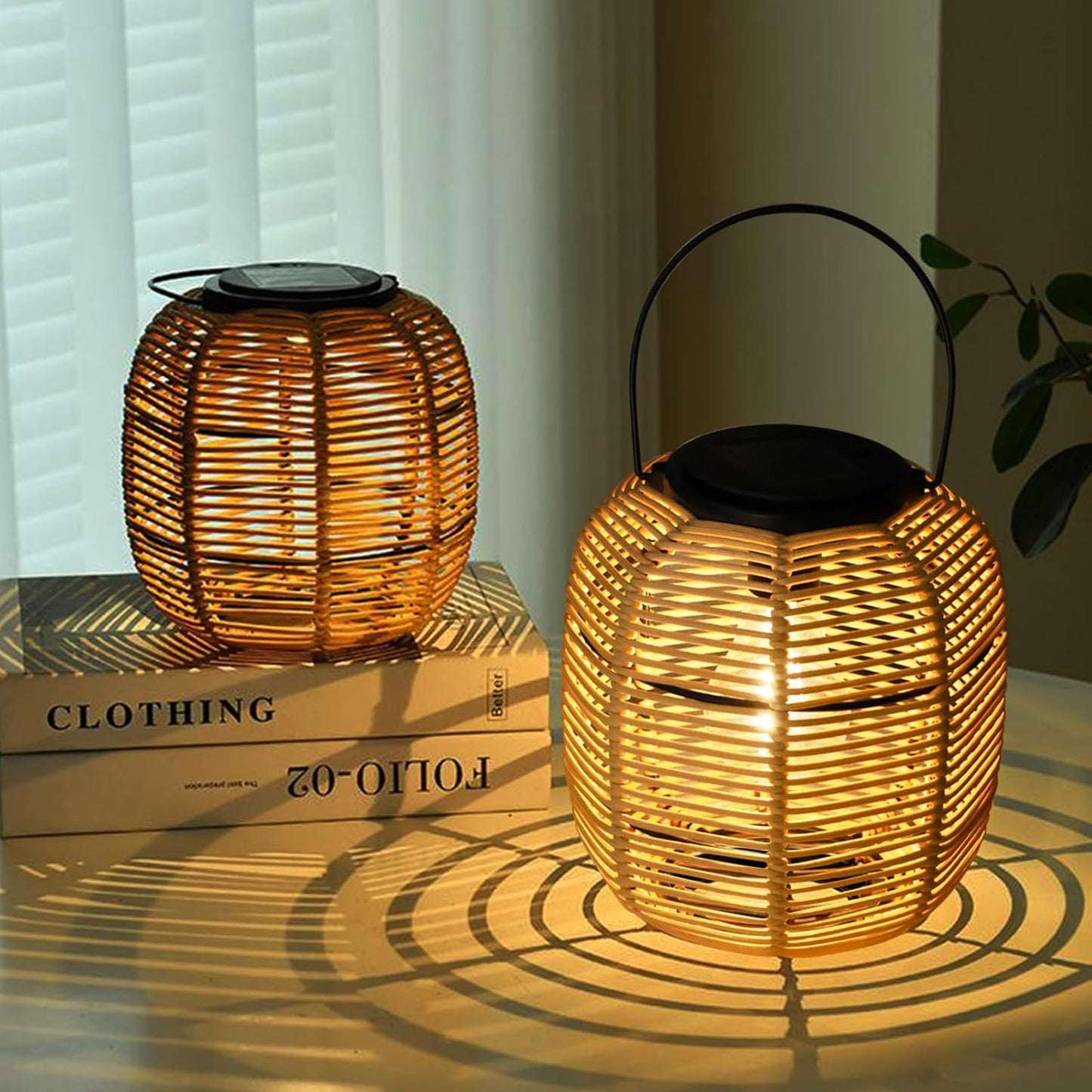 Hanging Solar Lanterns Outdoor Waterproof, 2 Pack Rattan Outdoor Lanterns, Outdoor Solar Hanging Lights, Lantern Lamp Decorations for Outside Yard Garden Pathway Porch Indoor Table Rattan Decor