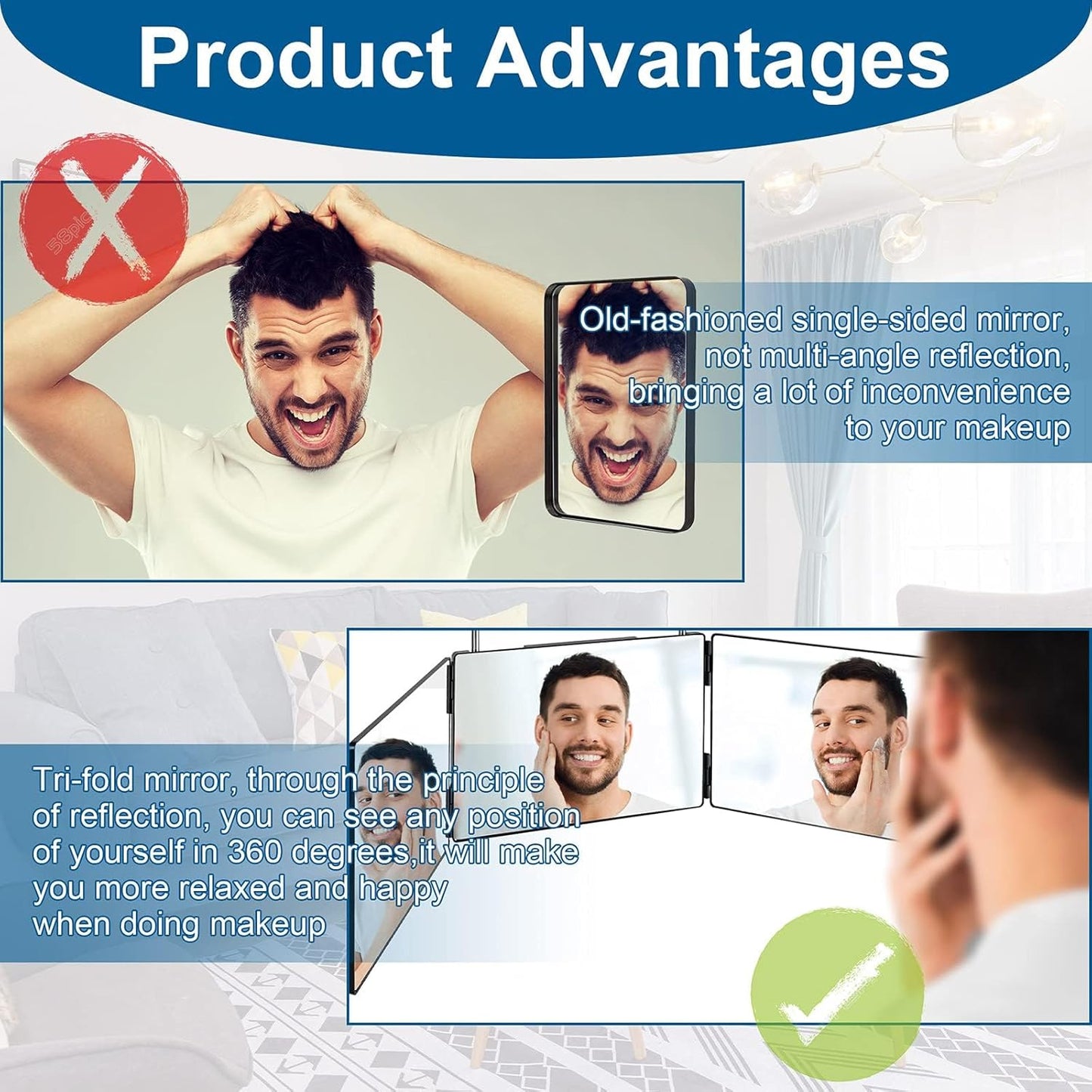 3 Way Mirror for Self Hair Cutting,360 Haircuts Men for Barber Use Tools,to See Back of Head,Tri Fold Mirror with Portable Height Adjustable Telescoping Hooks (6.7" x 10.8")