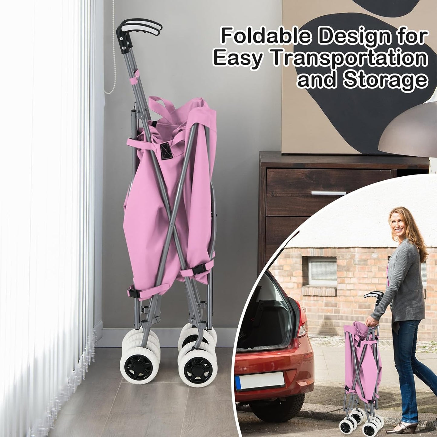 90L Folding Shopping Trolley, 8-Wheel Large Utility Push Cart with Removable Waterproof Bag and Cover, Metal Lightweight Rolling Grocery Trolley for Mobility (Black) (Pink)