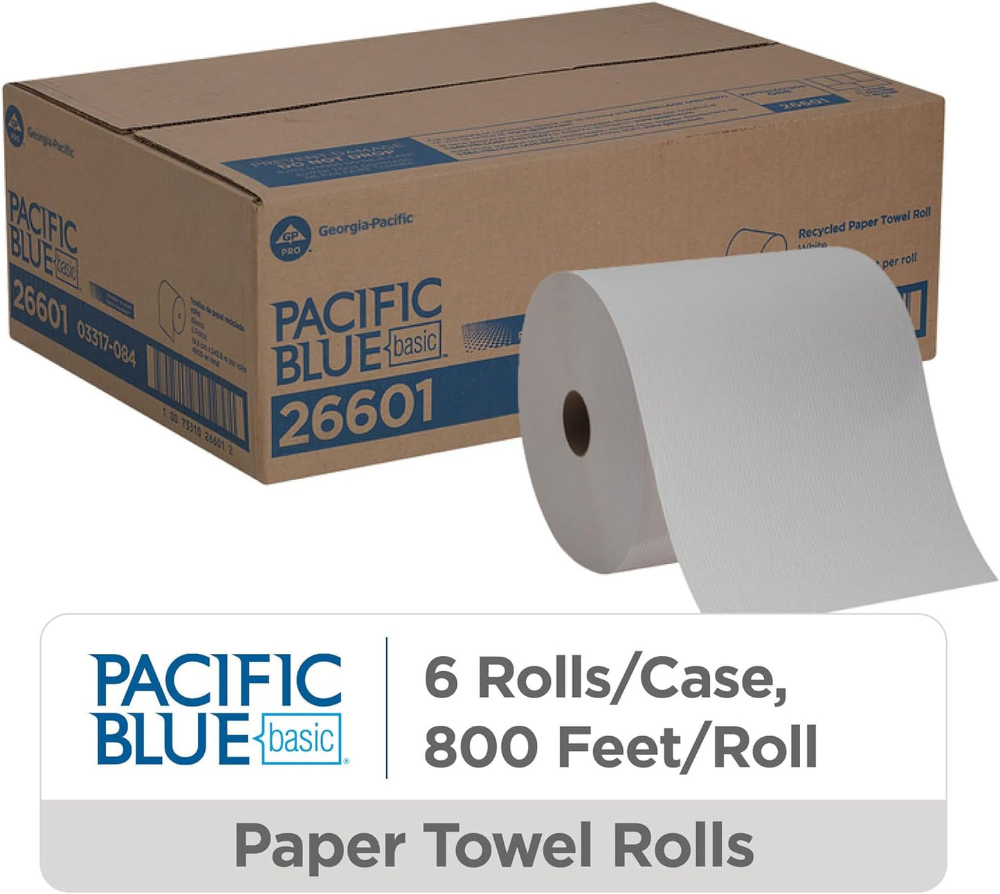 Georgia-Pacific Blue Basic Recycled Paper Towel Rolls by PRO, White, 26601, 800 Feet Per Roll, 6 Rolls Per Case