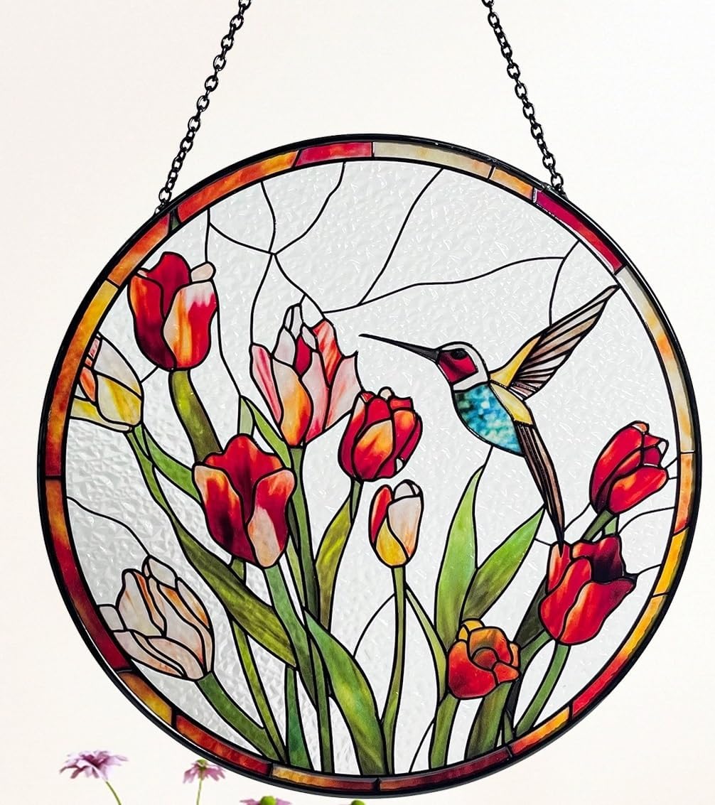 Hummingbird and Tulips Stained Glass Suncatcher - Handcrafted Real Glass Window Hanging for Home, Garden, and Patio Decor - 7.8 inch Round Decorative Art Gift for Nature Lovers and Moms