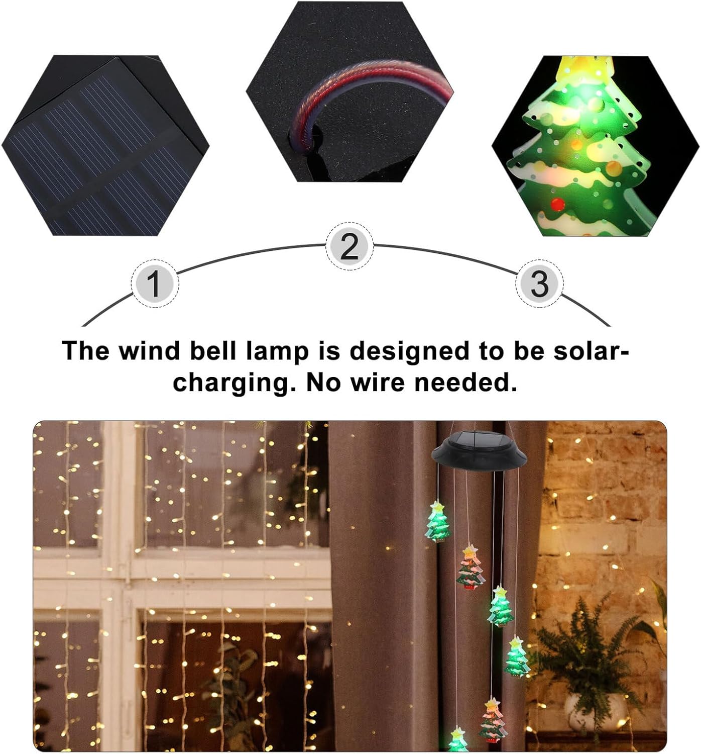 FAVOMOTO Solar Christmas Tree Wind Chime Lamp Outdoor Waterproof Rechargeable Wind Bell Light for Garden Patio Holiday Decor