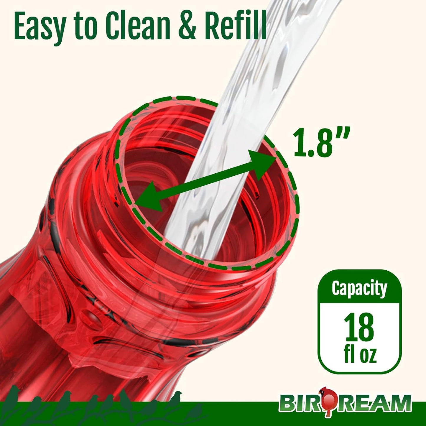Birdream Glass Hummingbird Feeder for Outdoors, 18oz Hanging Nectar Holder with Ant Moat 5 Feeding Ports, Decorative Bird Feeder for Garden Patio Backyard, All Red