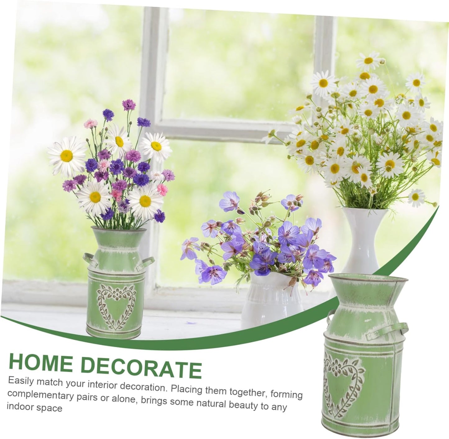 Flower Pot Decorative Flower Farmhouse French Rustic Metal Jug Country Pitcher Metal Flower Bucket with Handles Terrarium Decorations Home Flower Container Galvanized Iron Vase