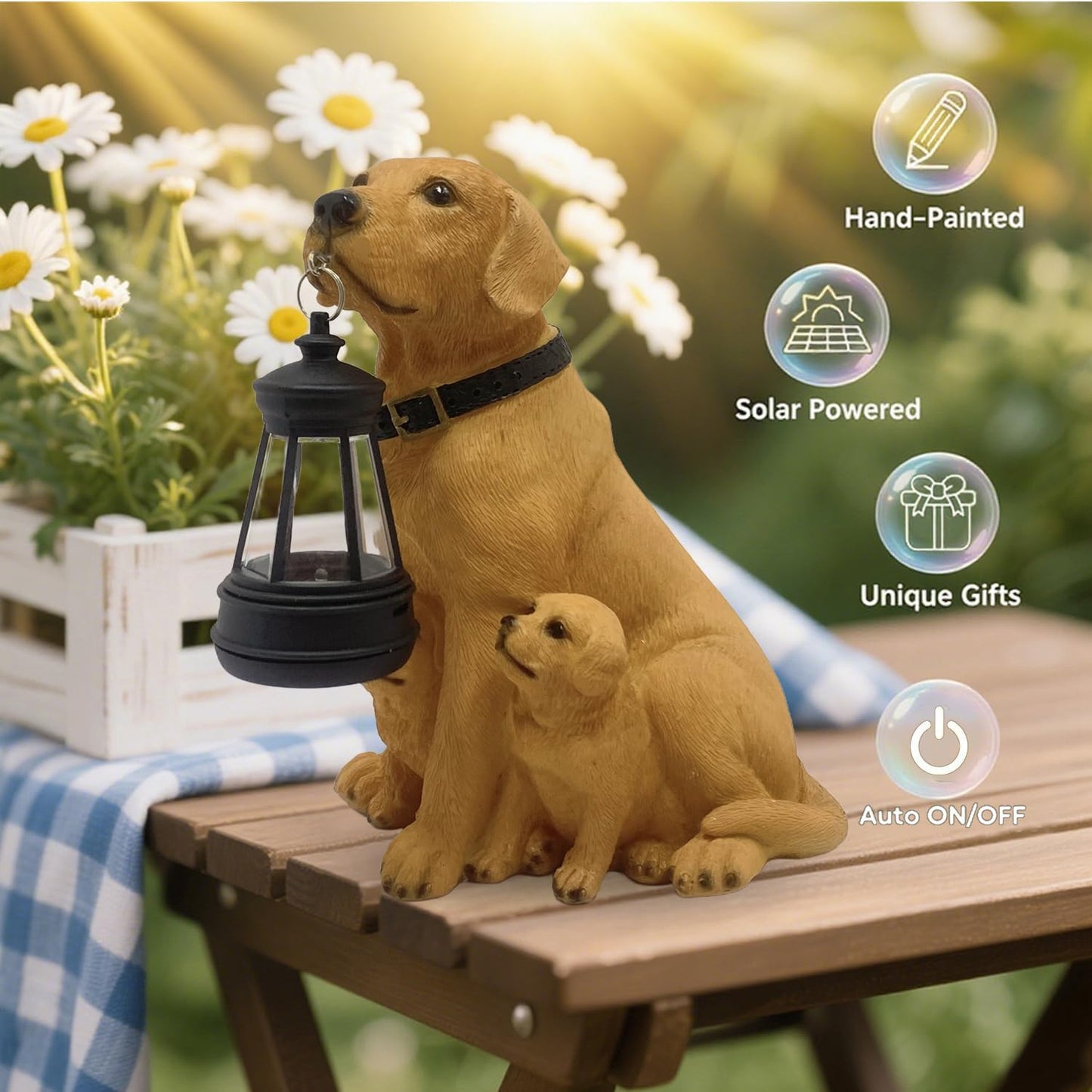 Garden Dog Statues with Solar Lantern, Outdoor Resin Figurine Solar Lights for Yard, Balcony & Porch Decor, Labrador Family Decoration Art Sculpture, Housewarming Garden Gift.(Labrador Family)