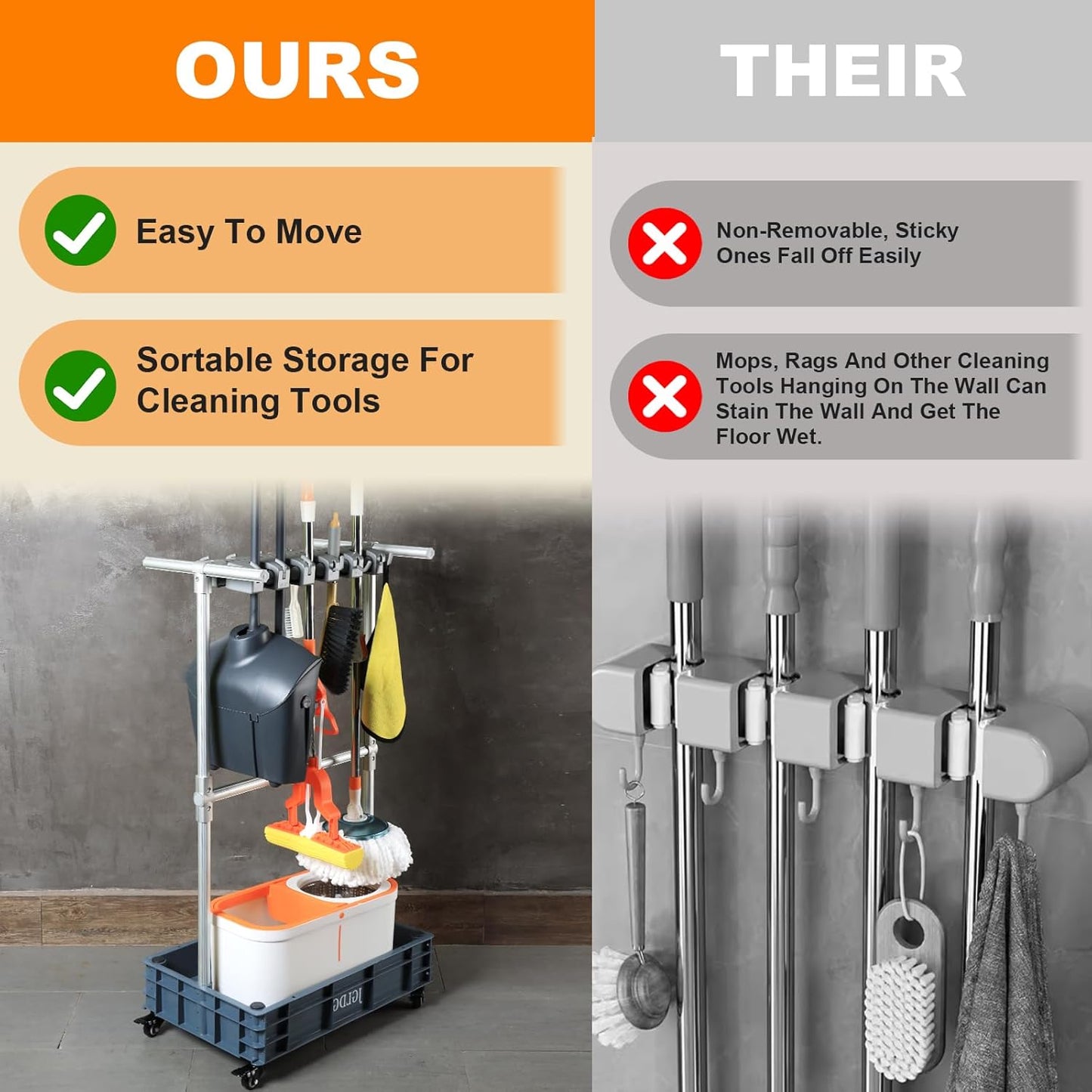Mobile Mop and Broom Holder，Efficient Storage Solution for Cleaning To