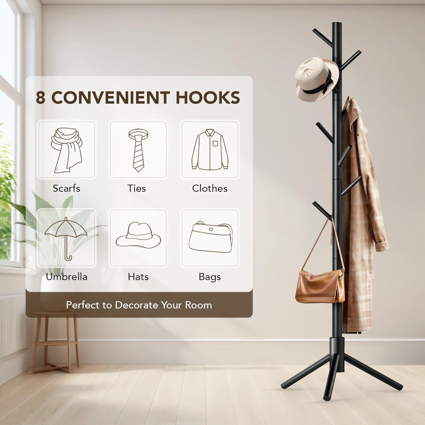 Wooden Tree Coat Rack Stand,Sturdy Freestanding Coat Rack with 8 Hooks