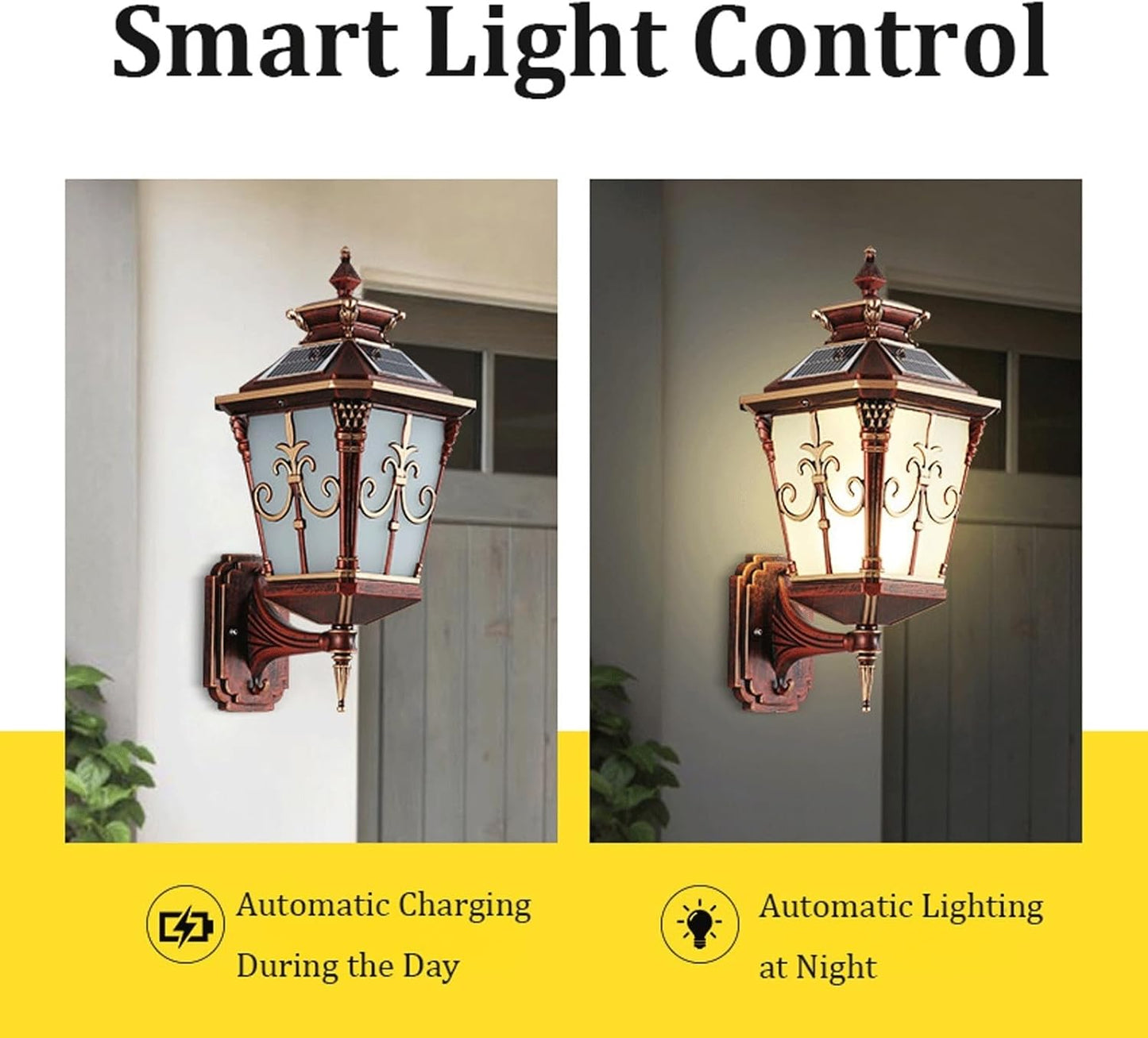 Outdoor Solar Wall Sconce, Exterior Wall Lamp, Waterproof Dusk to Dawn Sensor Lantern, Die-cast Aluminum with Decorative Glass, Light Fixture for Patio, Garden, Entryway Cottage