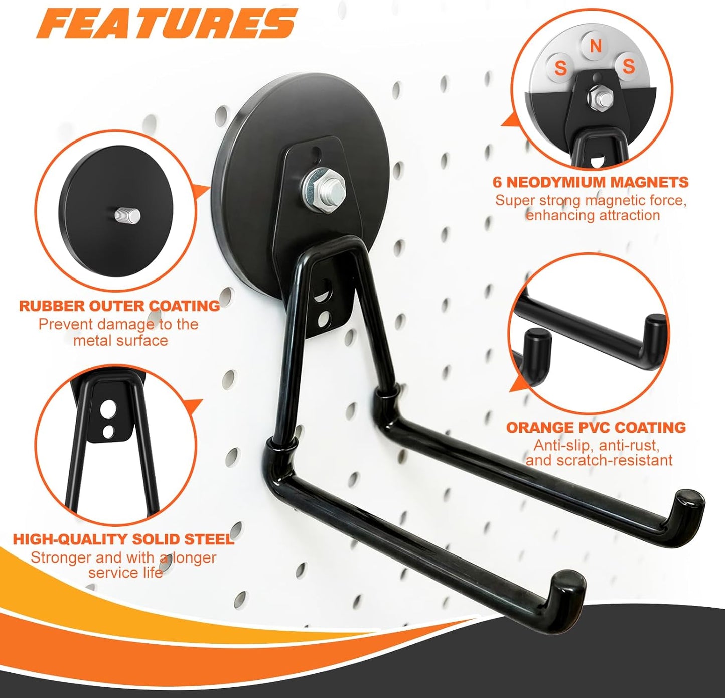 Heavy-Duty Storage Magnetic Hooks，No Need for Drilling, with Anti-Slip Coating, Suitable for Garages, Workshops, Kitchens, Storage Cabinets, RVS, Garden Tool Storage (Black 4 pcs)