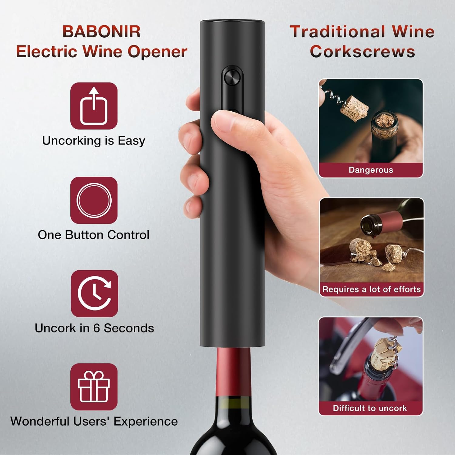 Electric Wine Opener, Automatic Corkscrew with Foil Cutter, One-Button