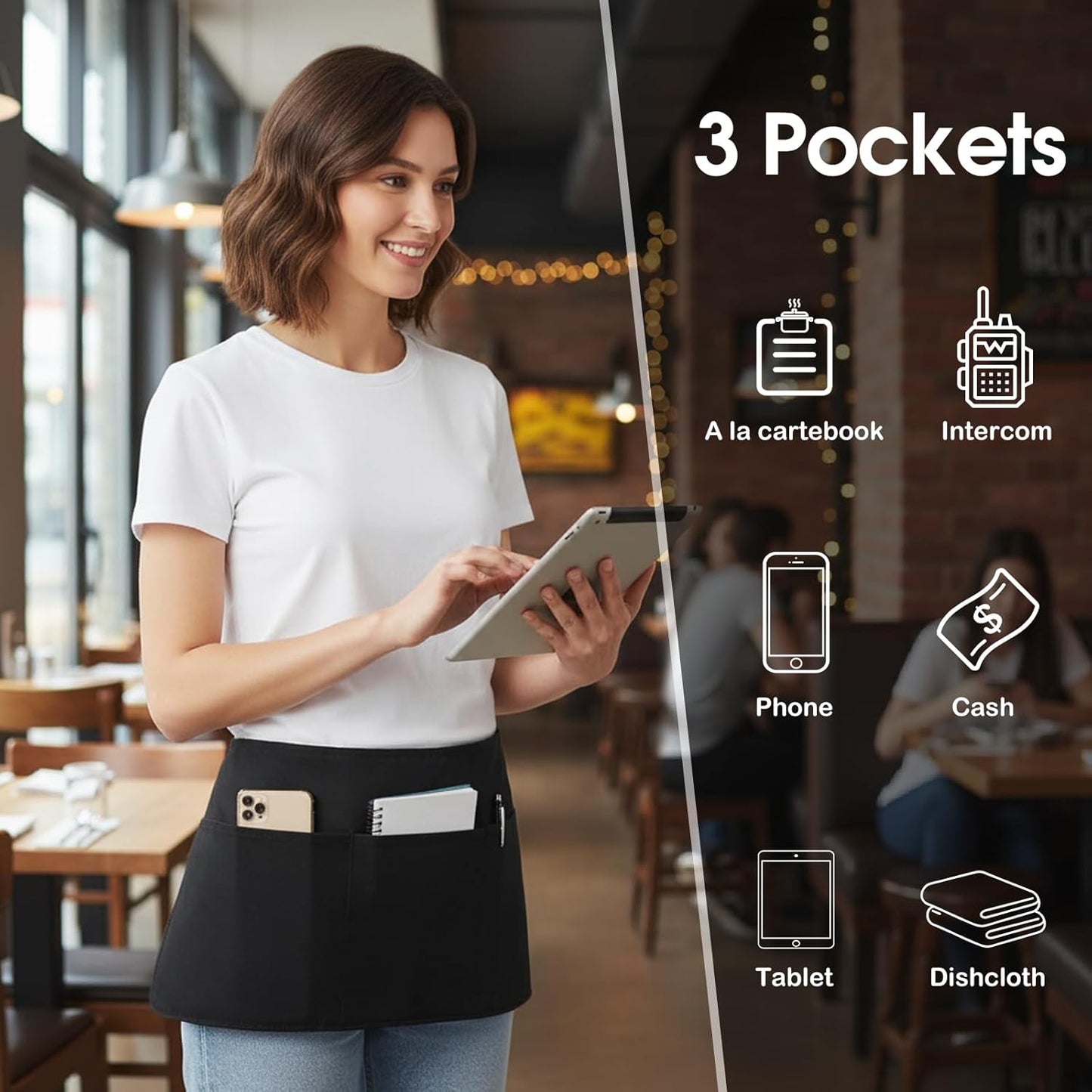 BOHARERS 4 Pack Waitress Apron With 3 Pockets-Black Server Aprons-Wait