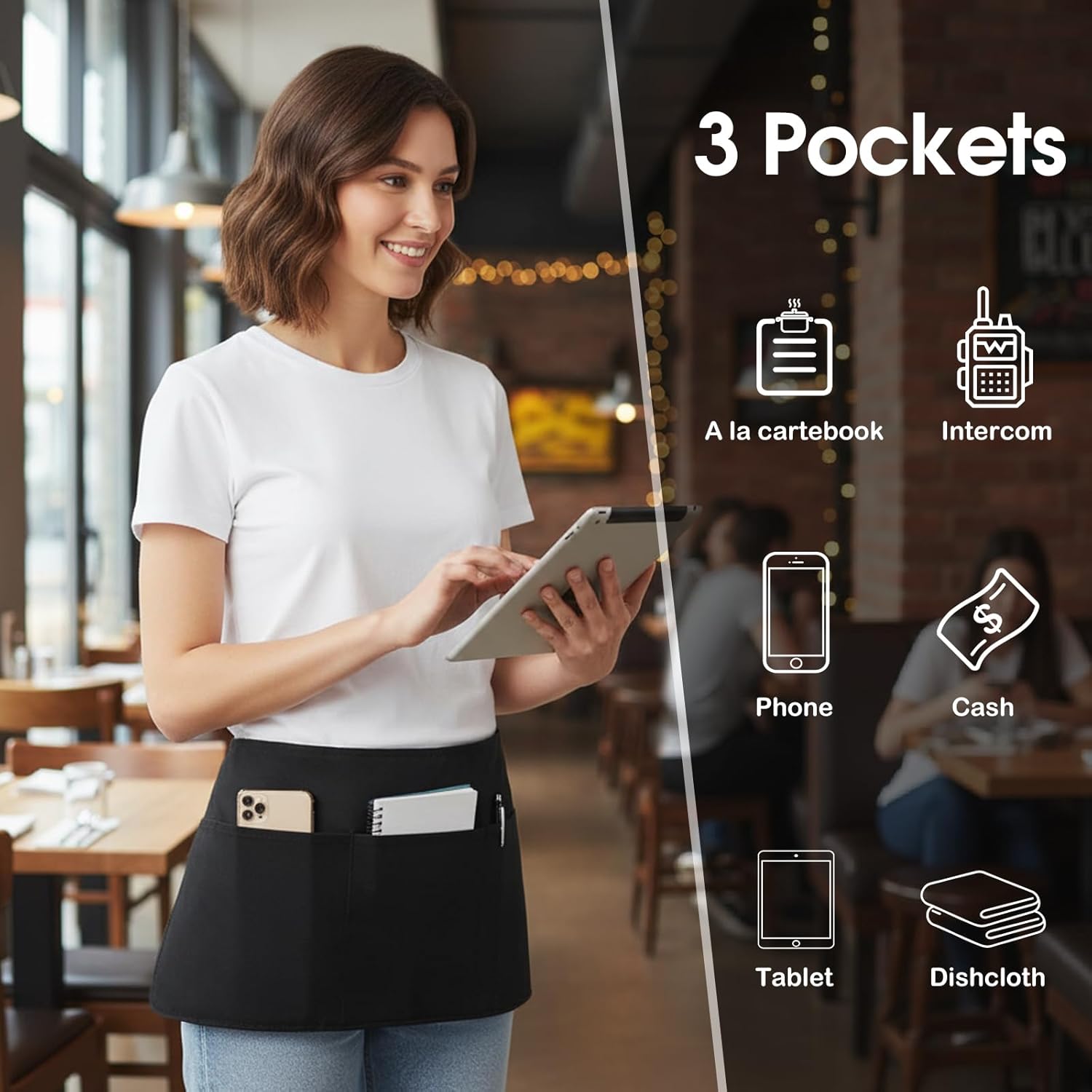 BOHARERS 4 Pack Waitress Apron With 3 Pockets-Black Server Aprons-Wait
