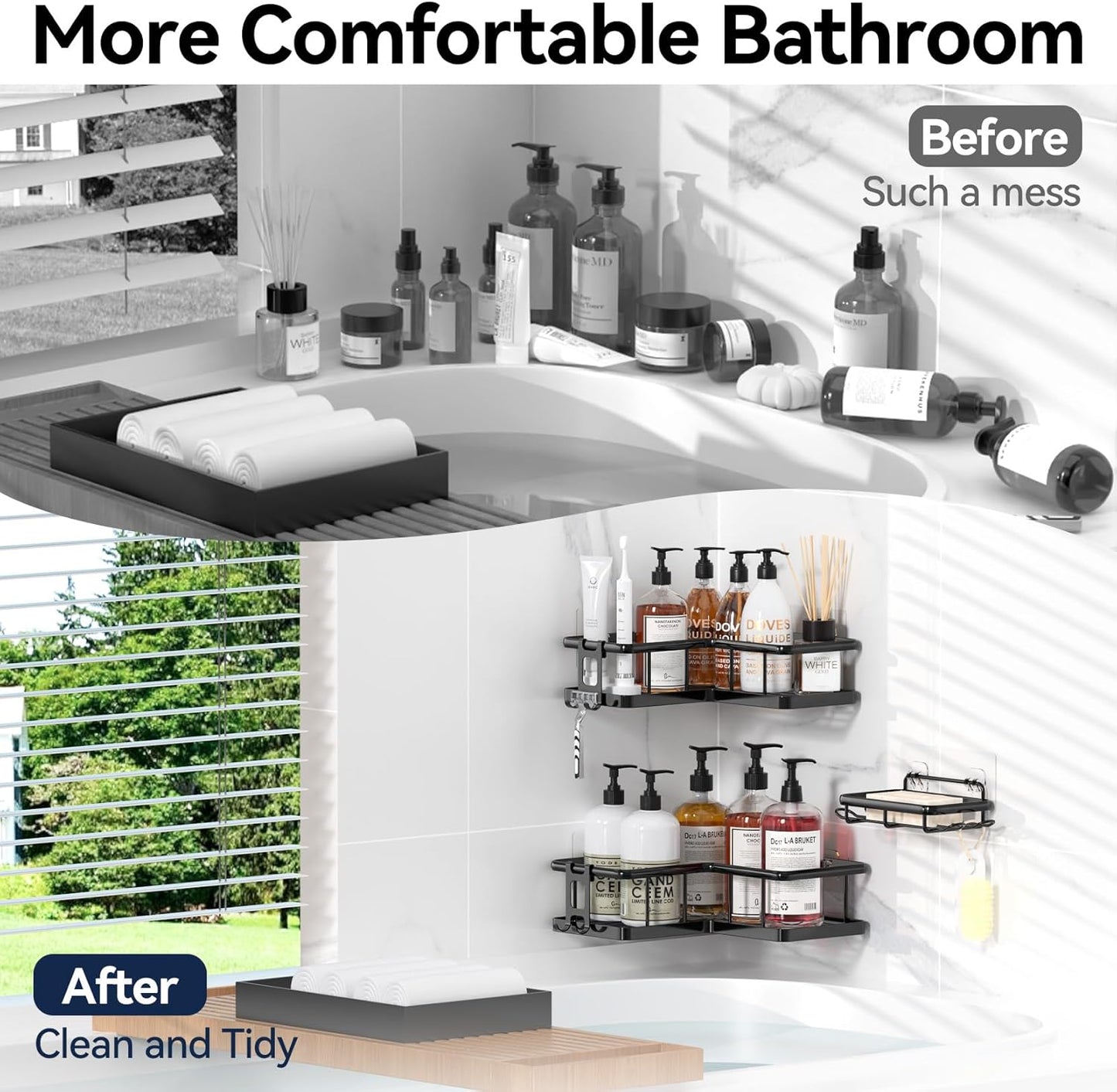YASONIC Shower Caddy Corner, 3-Pack Adhesive Rustproof Stainless Steel Shower Shelves with Soap Holder, No Drilling Shower Organizer Corner for Dorm, Renters Bathroom, Black