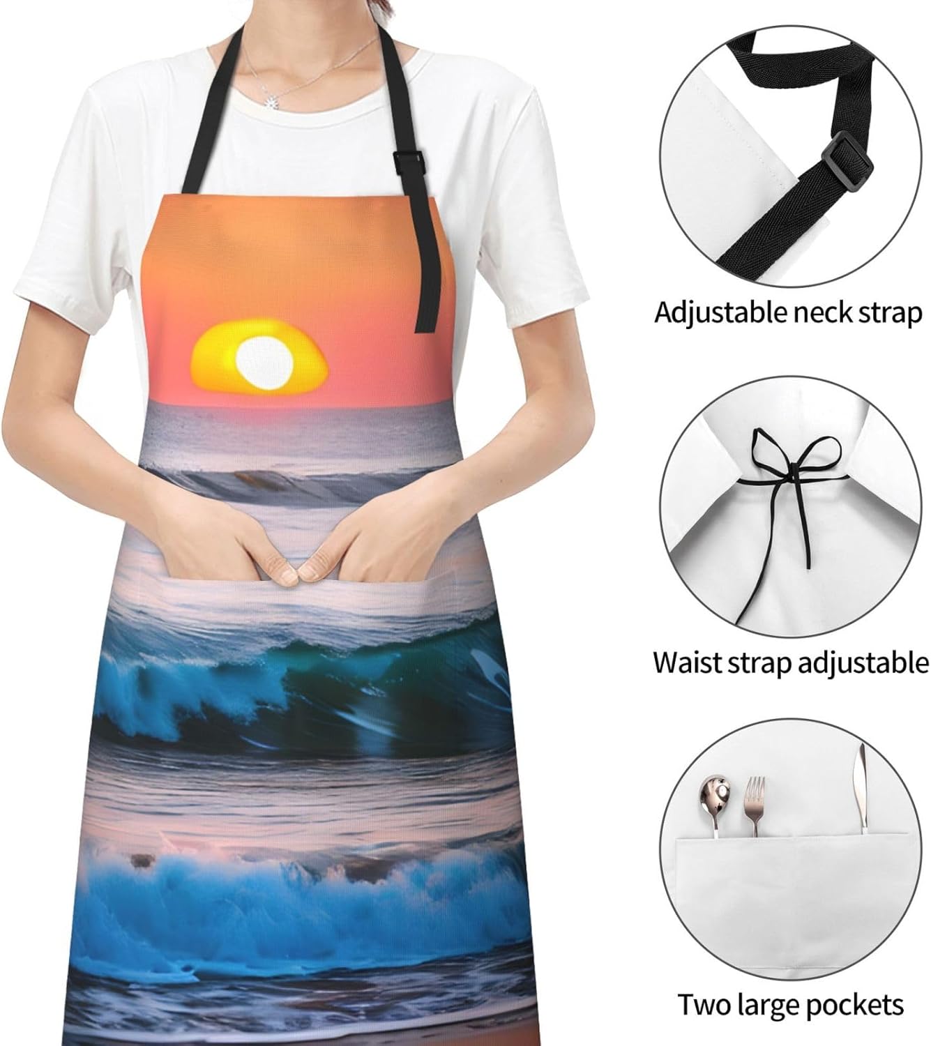 Sunset and Sunrise with Ocean Sea Waves Print Laundry apron 28x33 In Waterproof Kitchen Apron with Pockets for Cooking Baking