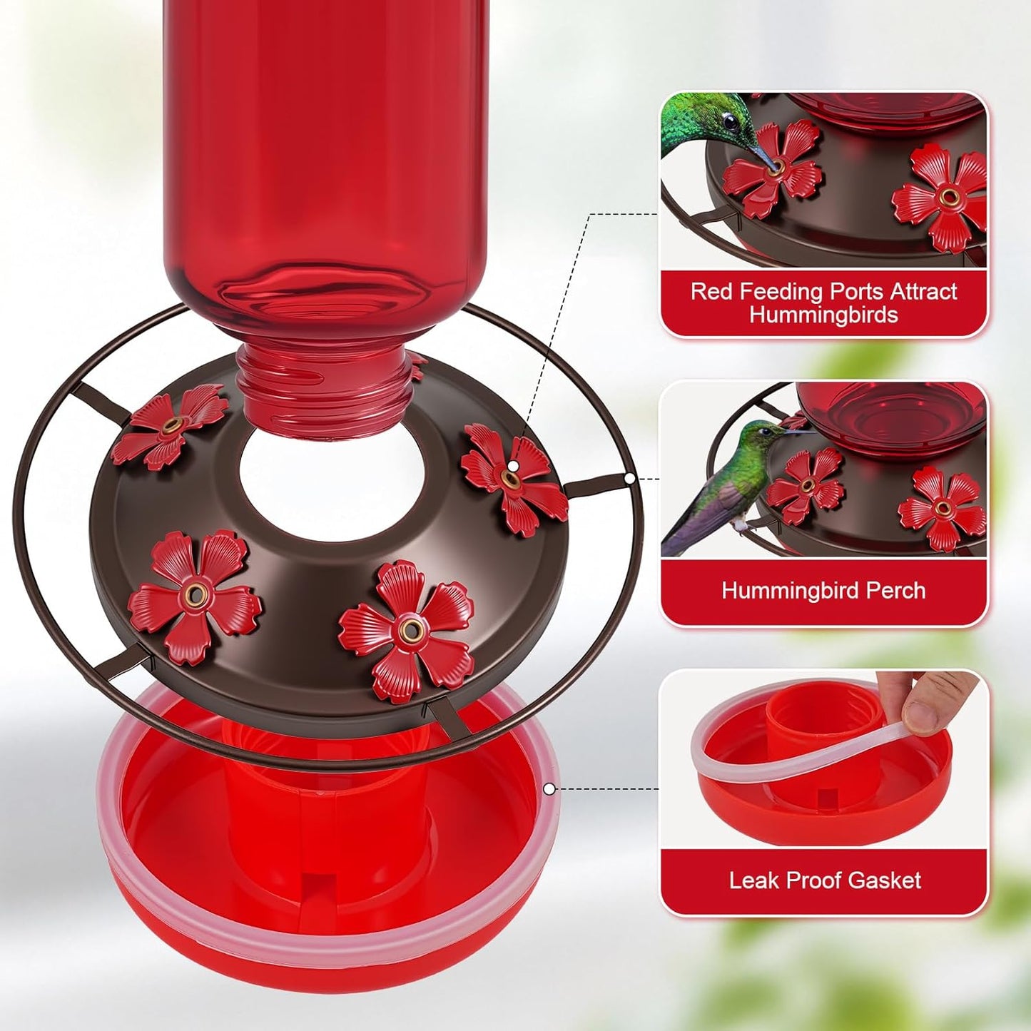 Solar Hummingbird Feeder for Outdoors Hanging Glass 21 Ounce with 5 Bee Guard Feeding Ports and Ant Moat, Leak-Proof, Red