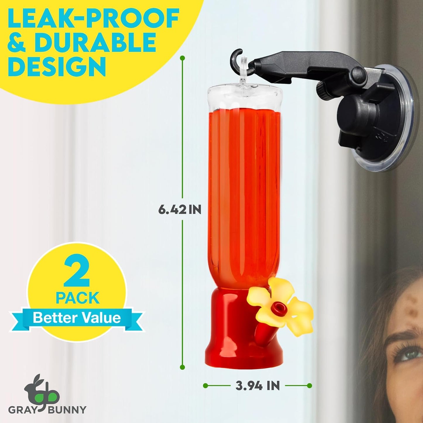 Gray Bunny Window Hummingbird Feeder with Strong Suction Cups Hangers 