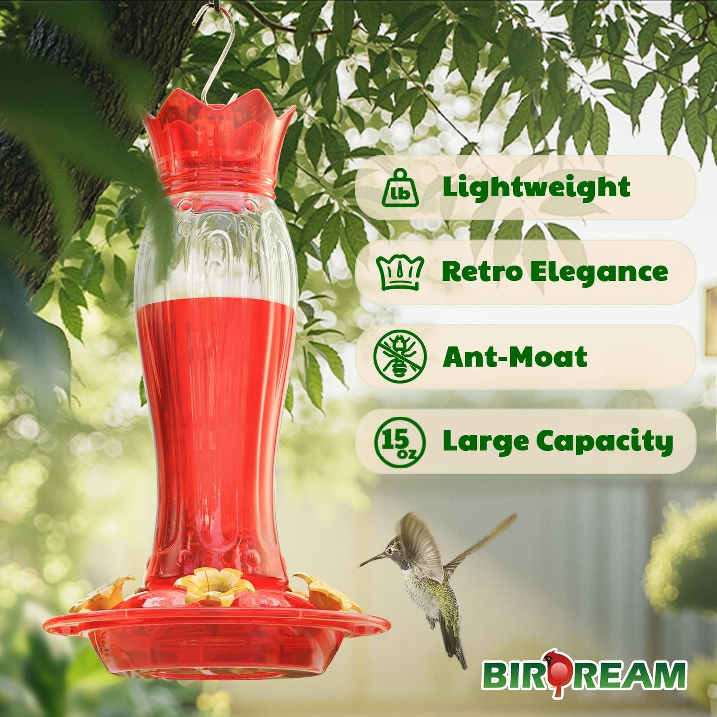 Birdream 2026 Upgraded Hummingbird Feeders for Outdoors, 15oz Hanging Hummingbird Feeders Ant Proof, Easy to Clean and Maintain, Gift for Bird Lover, Red (1 Pack)