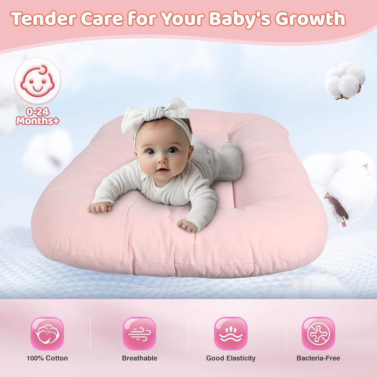 Infant Support Cushion - Baby Support Cushion for Newborn, 0-24 Months, Portable Tummy Time Mat for Home and Travel, Soft Cotton, Supervised Use, Baby Essentials Gift, Pink (Cover Included)