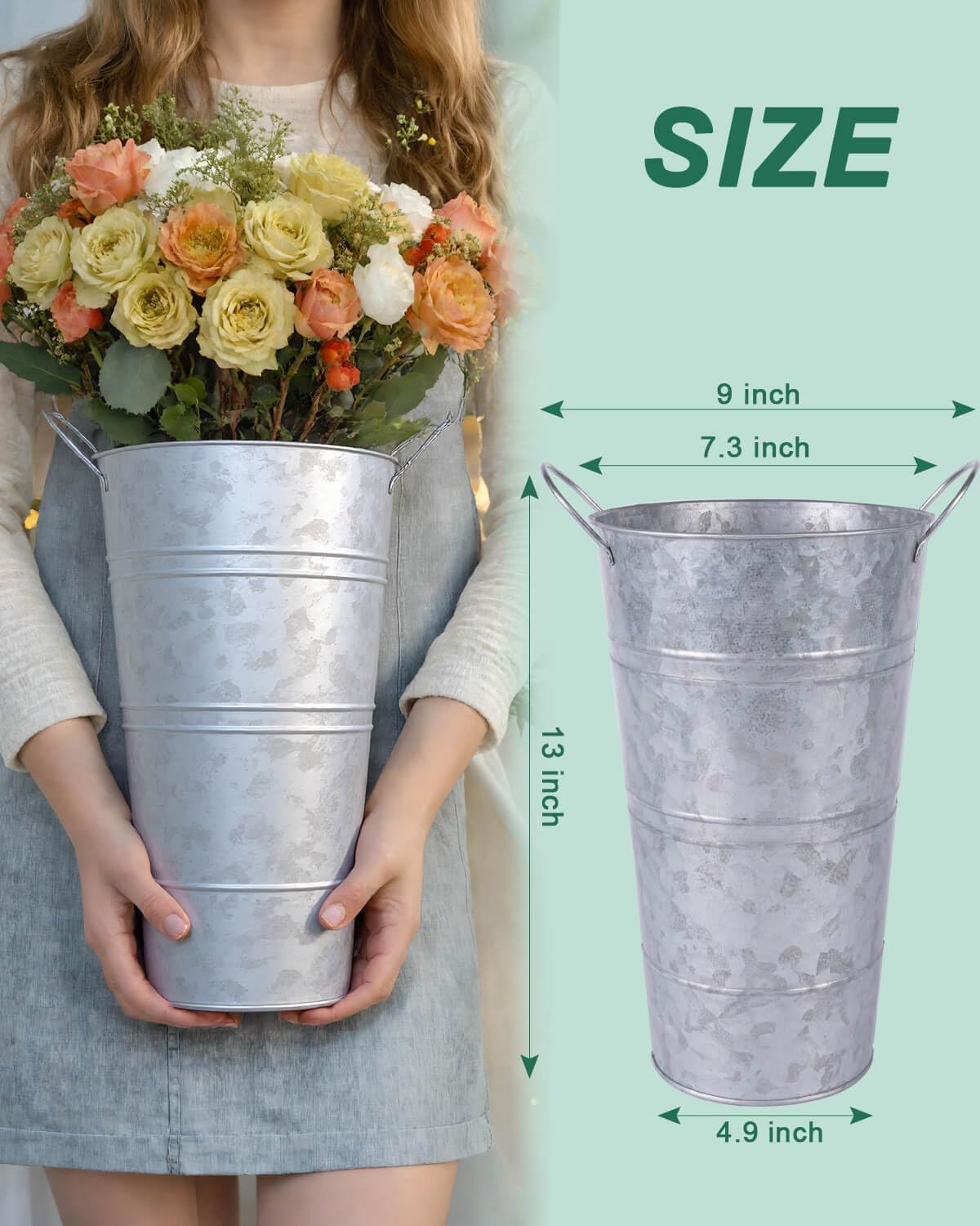 12 Inch Galvanized Metal Vases for Flowers - 2 Pcs Farmhouse Decorative Tall Flower Bucket with Handles, Rustic French Tin Planter Buckets for Wedding Decor (Silver)