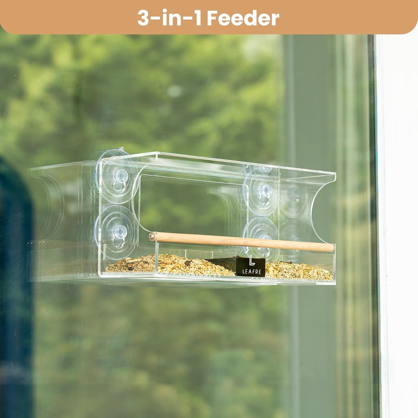 Clear Acrylic Bird Window Feeder - 3 in 1 Seeds, Nectar & Water | Easy-Cleaning & Removable Feeding Tray | Modern Style Wooden Stand | Bird Watching Gifts