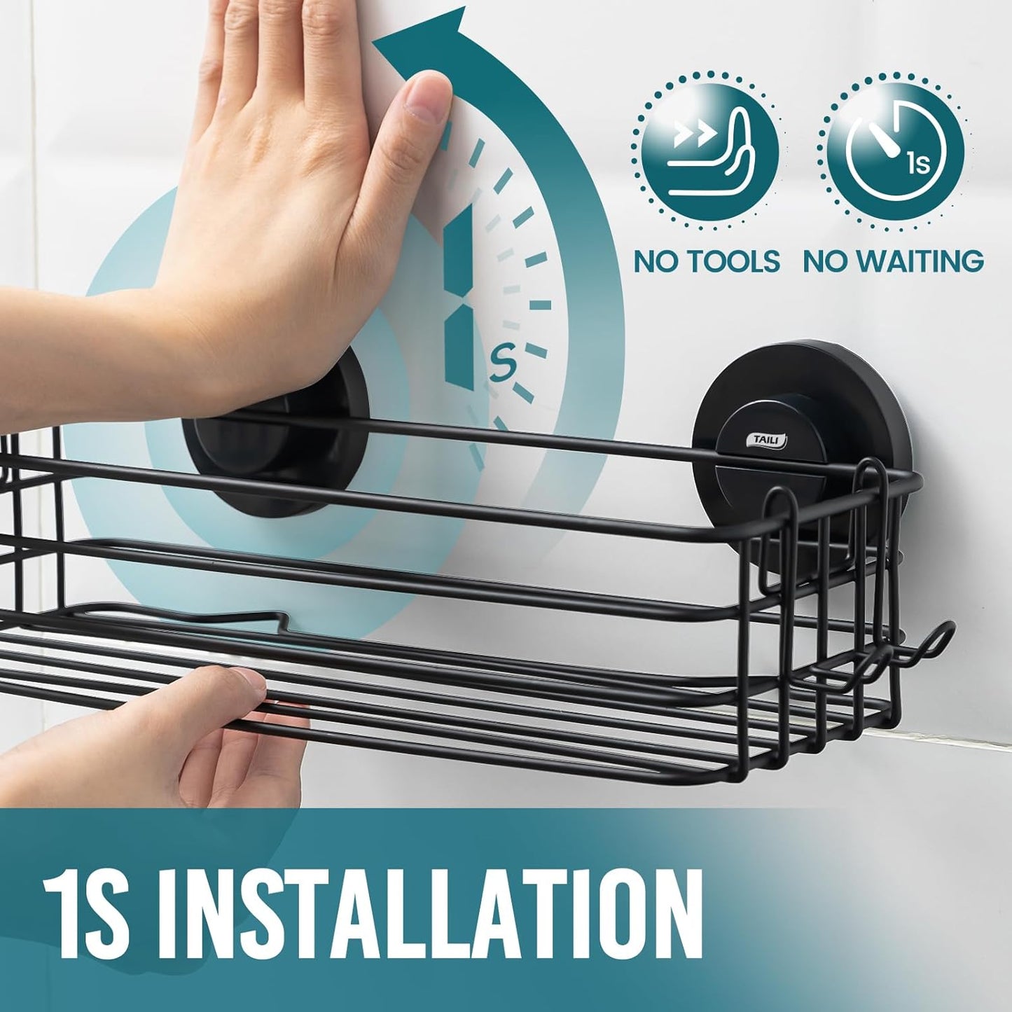 TAILI Shower Caddy Suction Cup 2 Pack with Hooks & Soap holder, Heavy Duty Shower Organizer for Bathroom, No Drilling Bathroom Organizer with Large Capacity, Black Metal Storage Basket