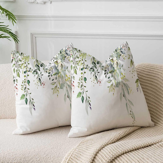 Velvet Floral Spring Pillow Covers 18 x 18 Inch Set of 2 Vintage Wild Flowers Decor Sage Green Throw Pillows leaves Outdoor Farmhouse Wildflower Plant Decorative Cushion for Couch Bed Sofa