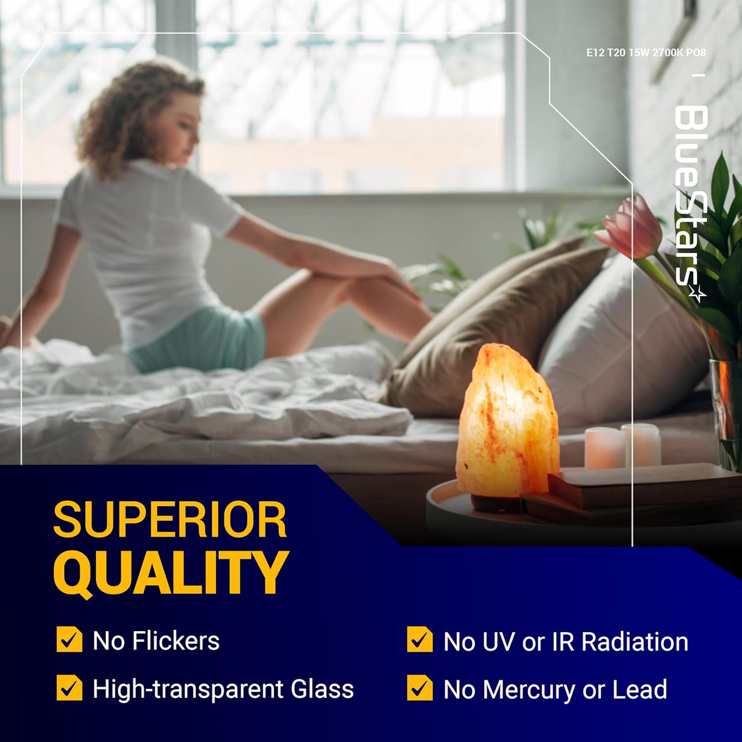 BlueStars E12 T20 Salt Lamp Bulb 120V 15W, 2700K Warm White, E12 Candelabra Base for Himalayan Salt Rock Lamps & Baskets, Scentsy Plug-in Wax Warmers, Night Lights - Pack of 8