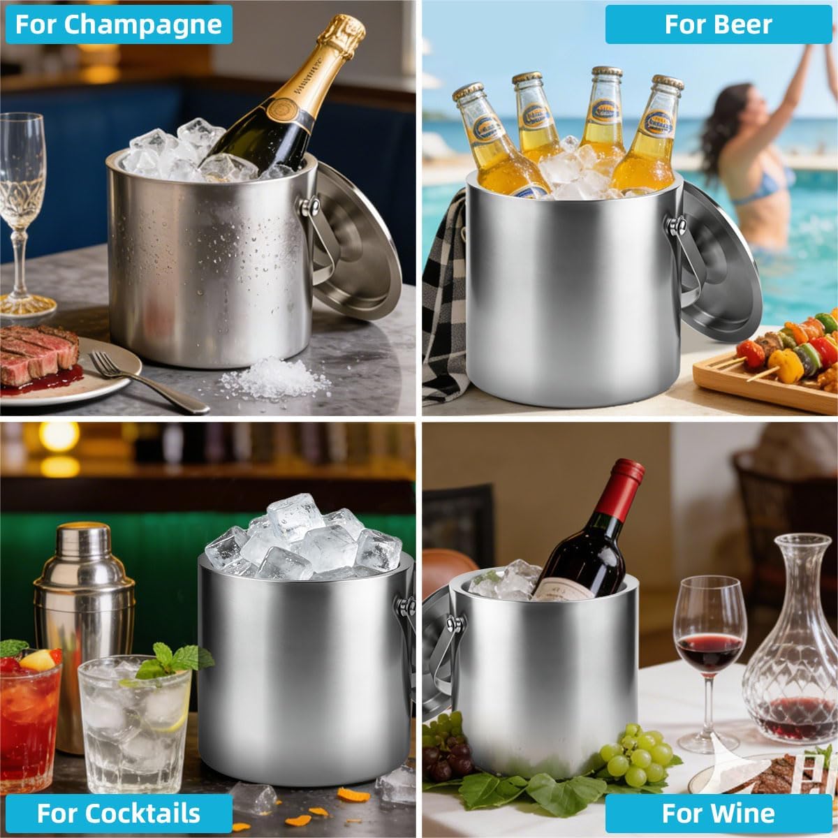 ChefBee Stainless Steel Ice Bucket - 3L Double-Wall Insulated Ice Buck