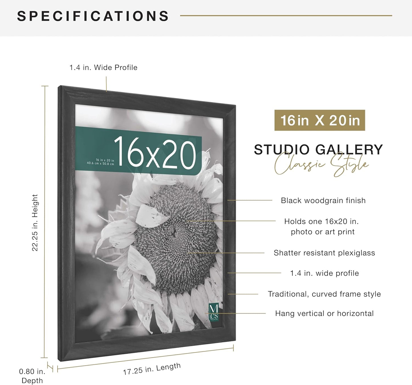 MCS Studio Gallery Classic 16x20 Poster Frame Black Woodgrain Engineered Wood, Vertical & Horizontal Wall Hanging Large Picture Frame for Photos, Posters & Art Prints (1-Pack)