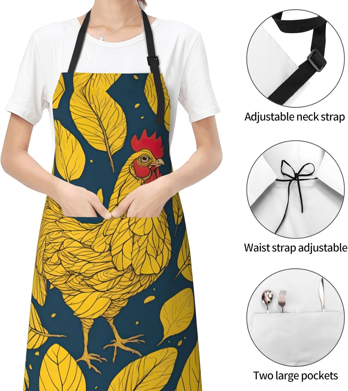 yellow leaves chicken print Waterproof chef's apron with pocket apron for kitchen cooking baking barbecue and gardening