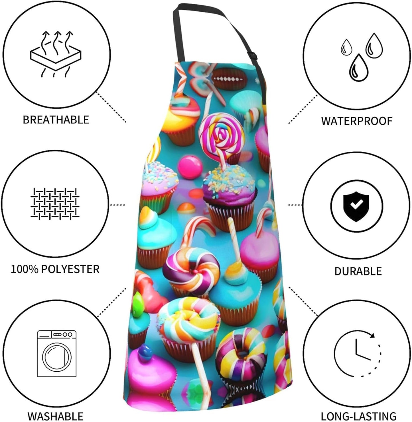 Colorful Sweet Lollipop Cupcake Donut Print Laundry apron 28x33 In Waterproof Kitchen Apron with Pockets for Cooking Baking