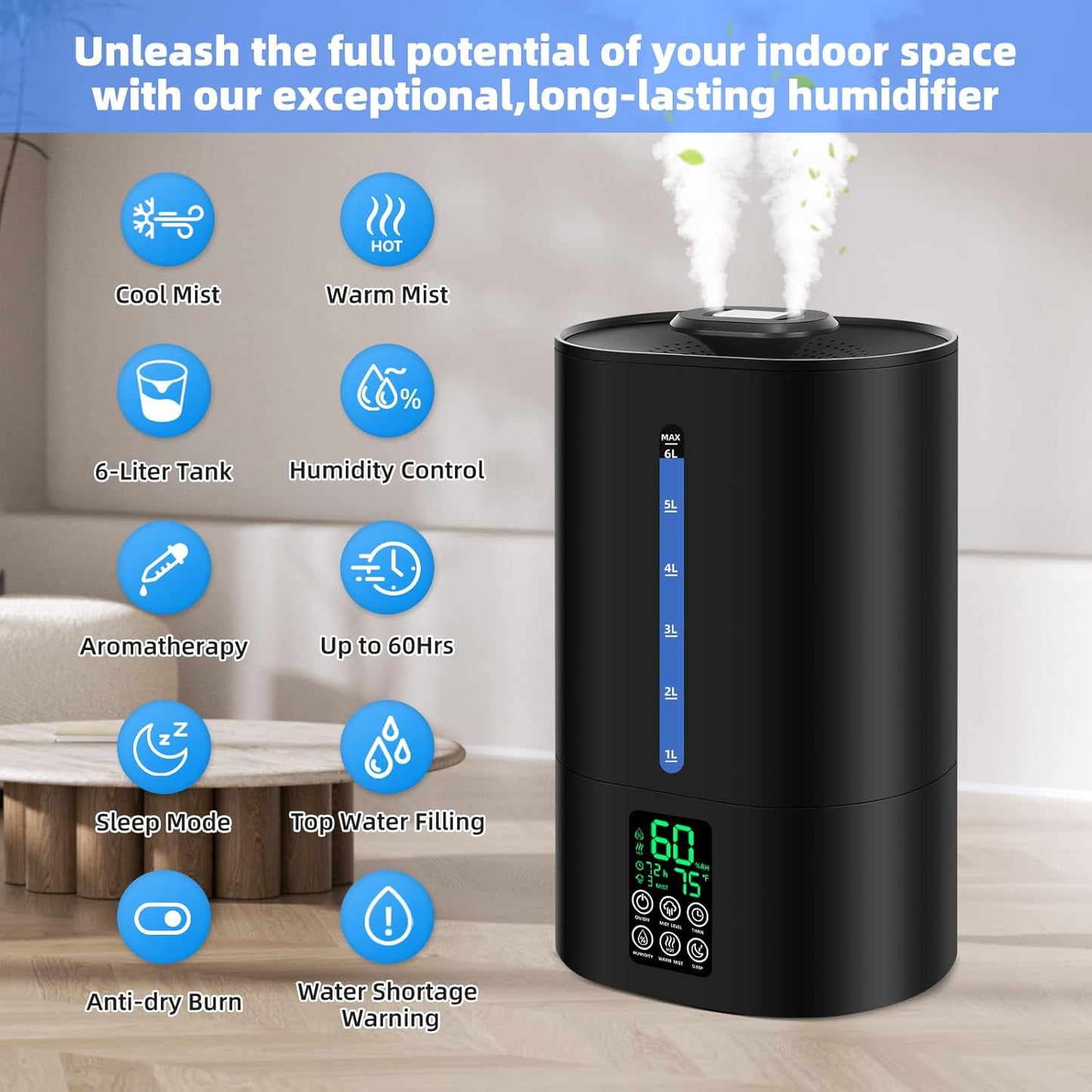 6L Humidifiers for Bedroom Large Room Home,Cool and Warm Humidifier for Baby and Plants Hot Mist Top Fill Desk Humidifiers Oil Diffuser,Quiet,Adjustable Mist,360°Nozzle-Black(2026 Upgraded)