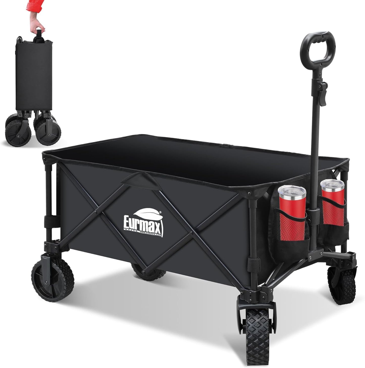 Eurmax USA Collapsible Outdoor Folding Wagon Cart All-Terrain Utility Wagon Heavy Duty Camping Patio Shopping Garden Sporting Wagon Cart with Side Bag & Cup Holder