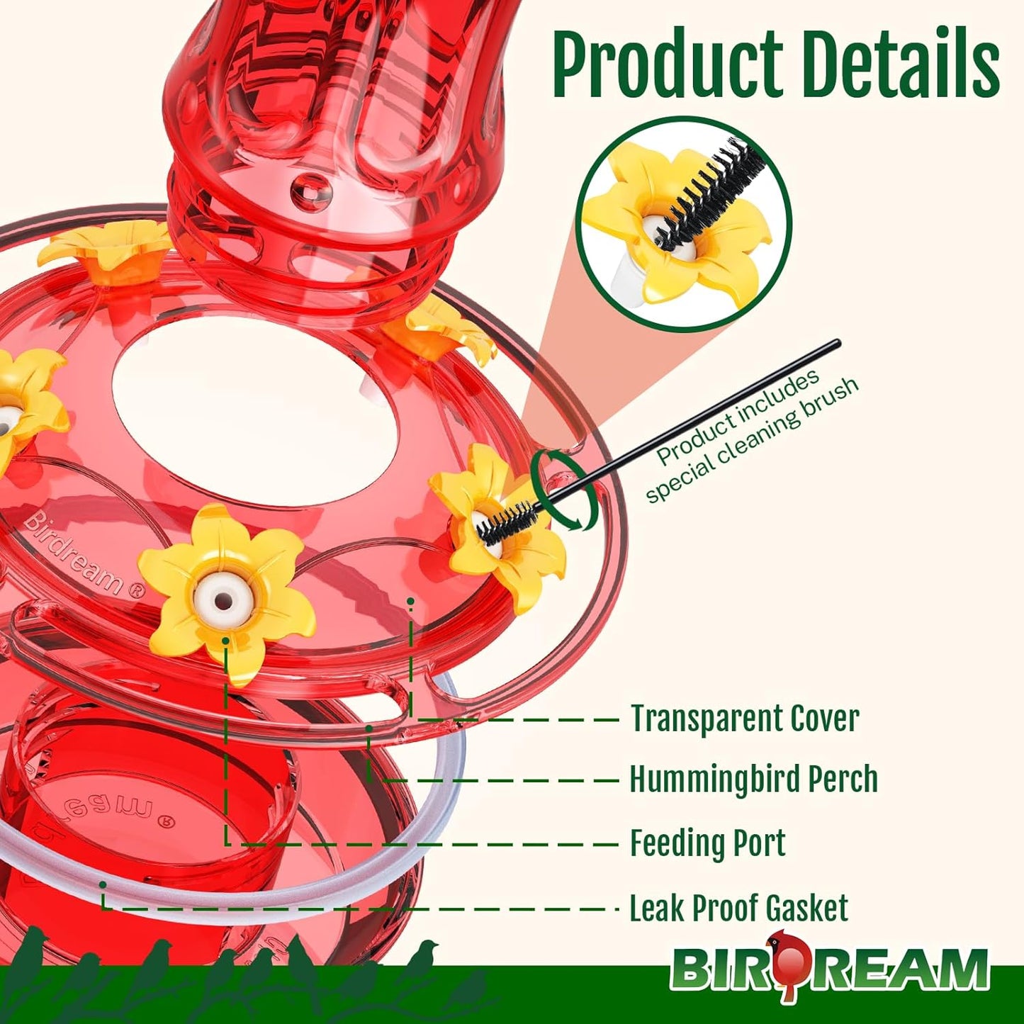Birdream Glass Hummingbird Feeder for Outdoors, 18oz Hanging Nectar Holder with Ant Moat 5 Feeding Ports, Decorative Bird Feeder for Garden Patio Backyard, All Red