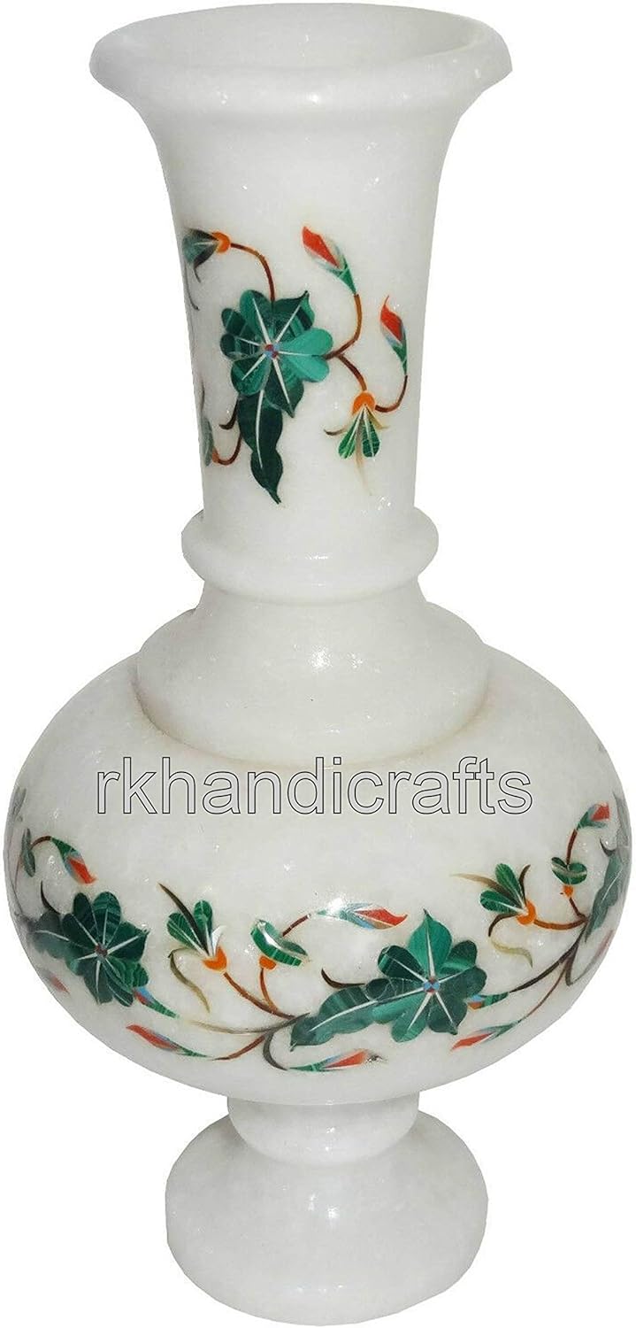 Malachite Stone Inlay Work Plant Stand for Garden Area Decor White Marble Flower Pot with Luxurious Loo 7 Inches