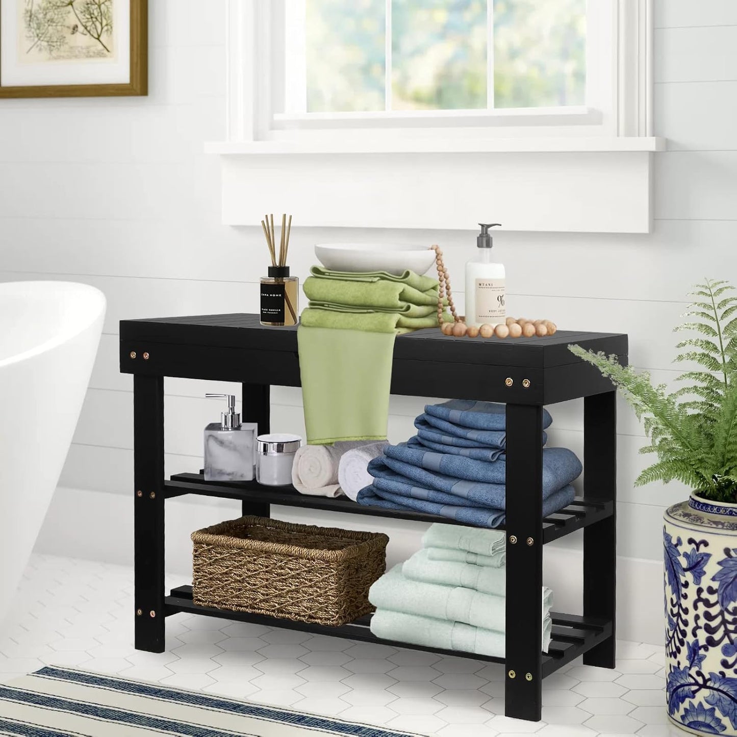 BAMBUROBA Shoe Rack Bench for Entryway,3-Tier Bamboo Small Bench with Storage Drawer,Shoe Shelf Organizer Indoor Outdoor Use,Black