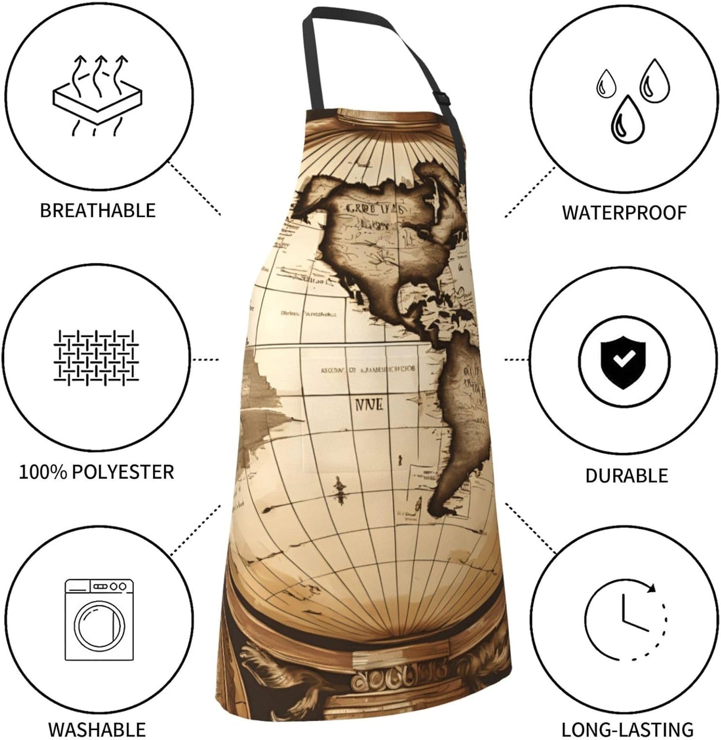 YANYU Ancient Map World Globe Print 28x33 In Kitchen Apron Stylish Chef Apron with Pockets for Cooking Baking Painting