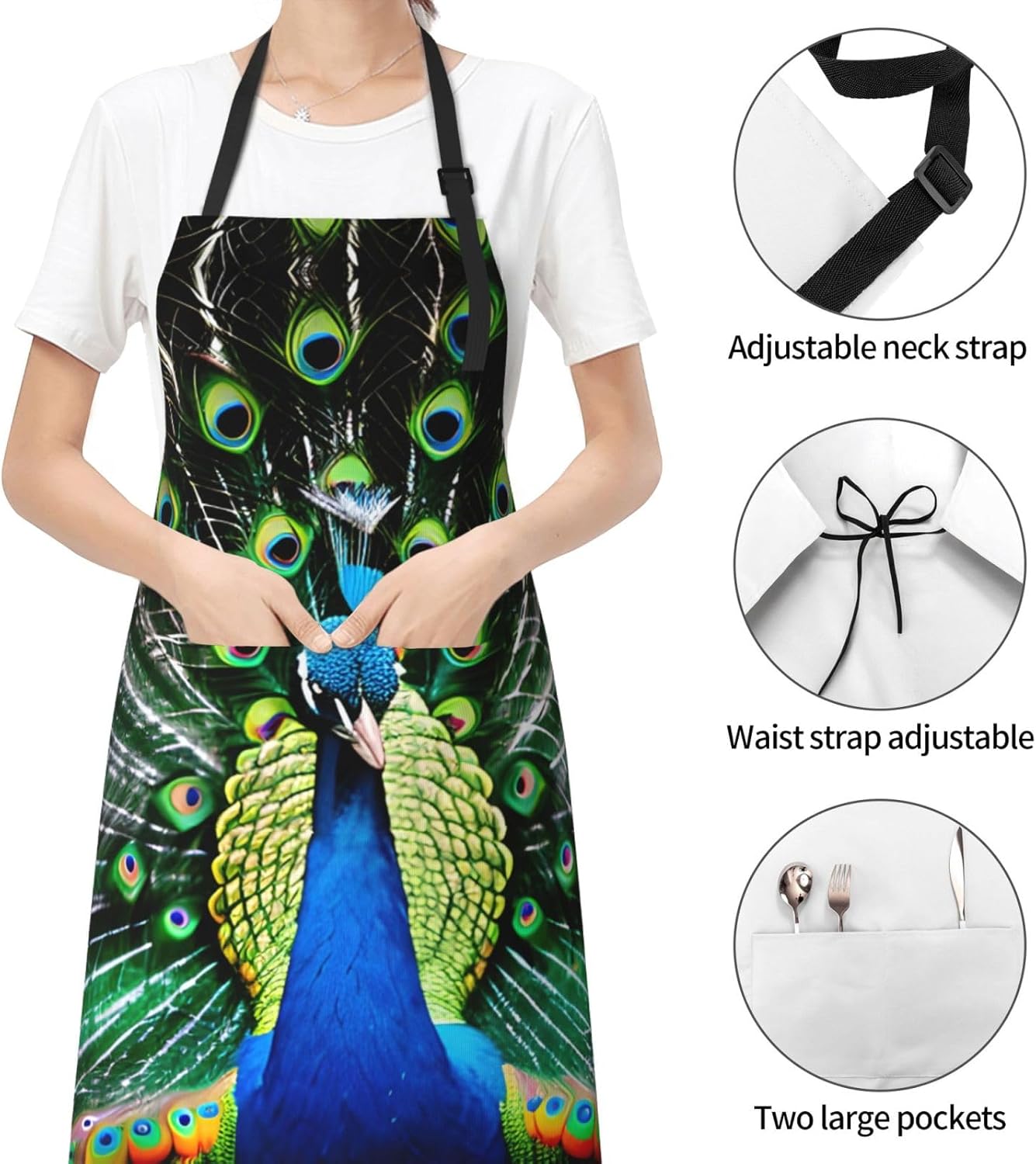 Fresh peacock print Waterproof chef's apron with pocket apron for kitchen cooking baking barbecue and gardening