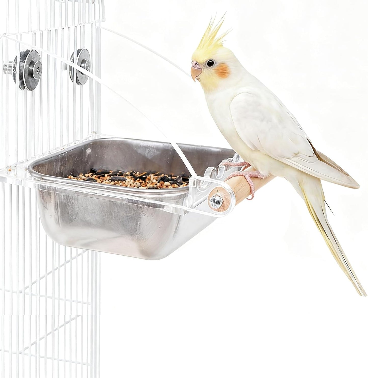 No Mess Bird Cage Feeder with Perch, No Spill Design Hanging Bird Feeders for Small Medium Birds, Easy to Clean Metal Seed Container with Secure Hooks for Indoor Cages Feeding