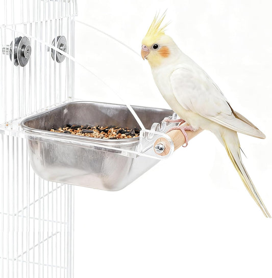 No Mess Bird Cage Feeder with Perch, No Spill Design Hanging Bird Feeders for Small Medium Birds, Easy to Clean Metal Seed Container with Secure Hooks for Indoor Cages Feeding