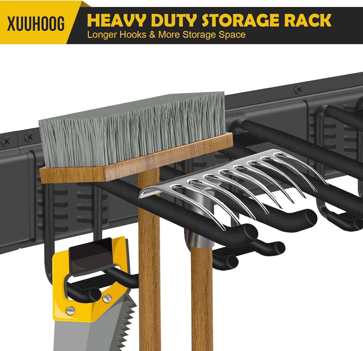 48-inch Garage Tool Organizer Wall Mount with Storage Shelves - Heavy Duty Adjustable Steel Hooks & Tracks for Power Tools, Garden Tools, Broom Holder - 350 lbs Capacity Rust Resistant 7 Hooks