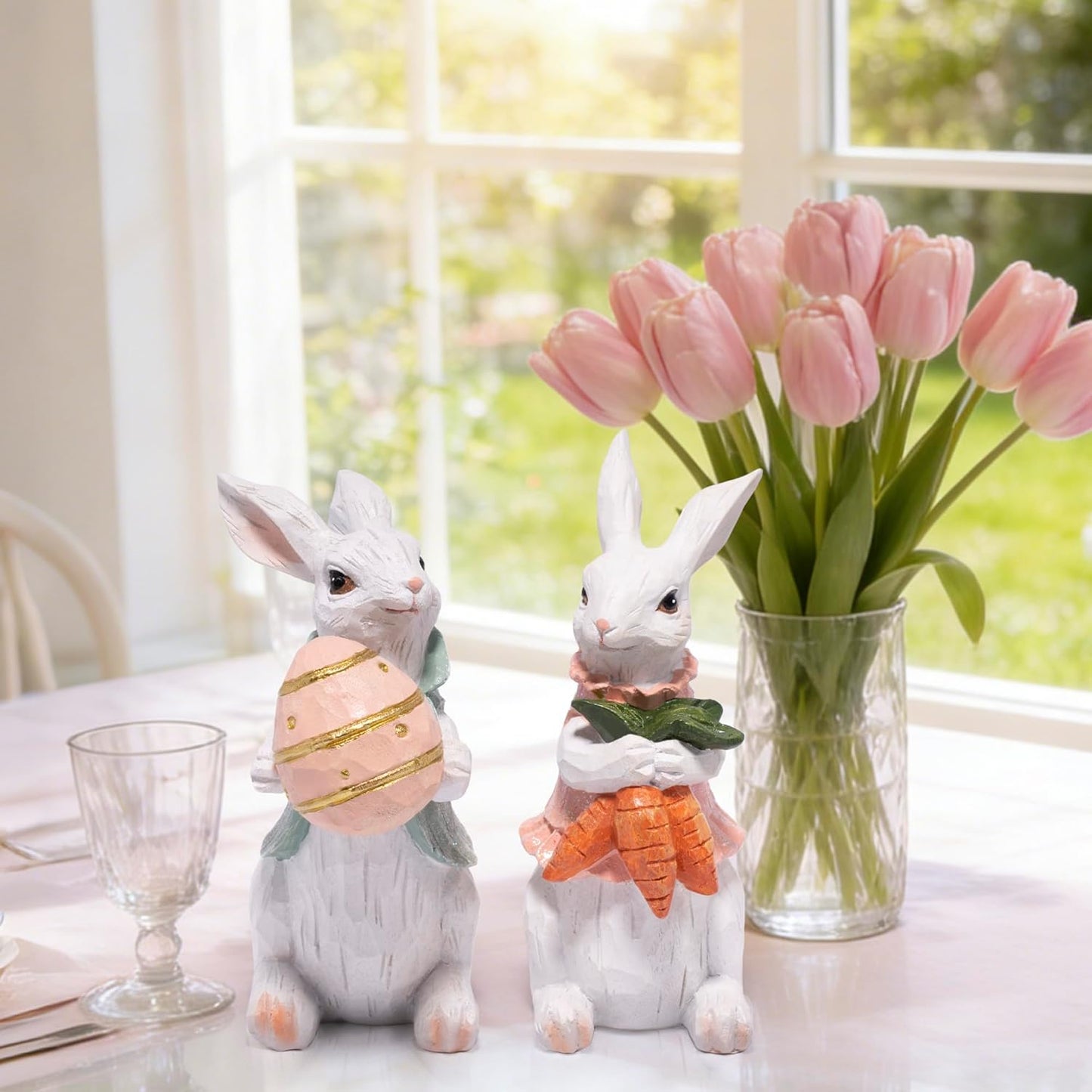 Hodao Easter Bunny Decorations Spring Home Decor Bunny Figurines Gifts(Easter White Rabbit 2pcs)