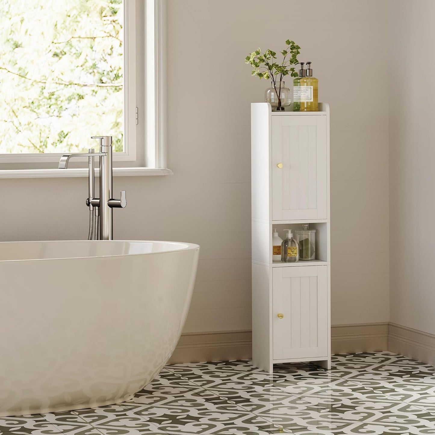 Bathroom Cabinet with 2 Doors, 7.3 x 9.8 x 40.4 Inches, Small Freestan