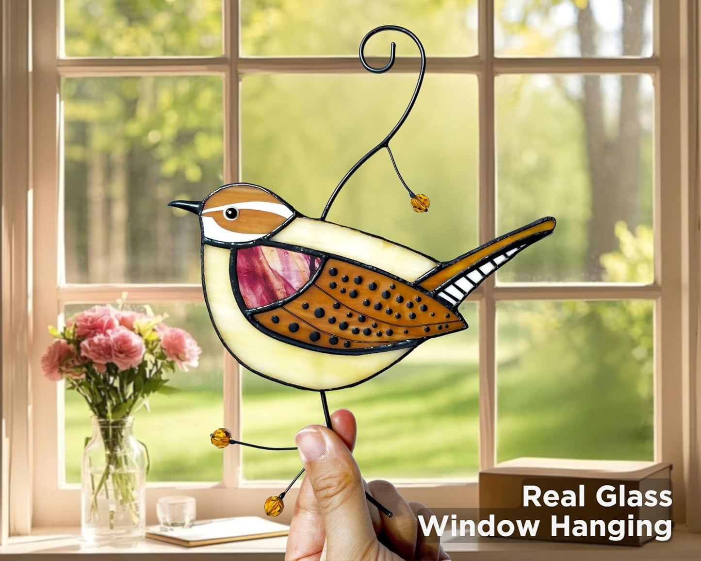 Carolina Wren Stained Glass Window Hanging - Handmade Real Glass Bird Suncatcher for Women, Mom, Grandma - Elegant Gifts Box Home Decor (H7.9xW6.1 Inch)